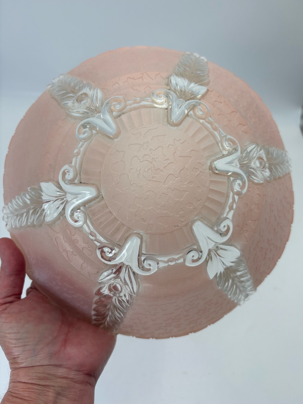 Vintage Art Nouveau Pink Art Glass Light Fixture with White Relief Accents